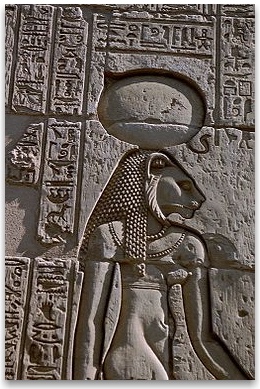 The warrior goddess 
Sekhmet, shown with her sun disk and cobra crown