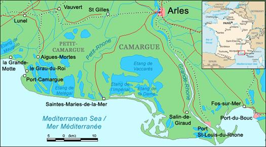 Mapa regionu Camargue na południu Francji